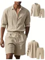 Herren beige Leinen Freizeit Set mit Langarmhemd und Tunnelzug Shorts für den Strandurlaub. - Khaki