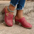 Elegant red bohemian closed-toe mules with floral laser-cut patterns and chunky heels for women - 36 / Red