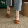 Vintage French brown woven leather sandals with hollow closed-toe design - Brown