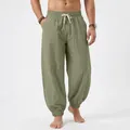 Men's sage green loose linen casual trousers with elastic cuffs and drawstring waist - S / Bottoms / Army Green