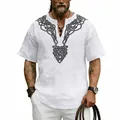 Detail of white slub linen V-neck T-shirt with black Celtic knot graphic print - S / Tops / White