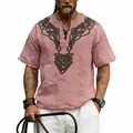 Close-up detail of the intricate black Celtic knot print on a vintage pink linen t-shirt - Pink
