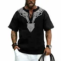 Front view detail of a black T-shirt with a white Celtic knot V-neck print design - S / Tops / Black