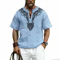Detail view of retro Celtic knot print on a light blue V-neck linen t-shirt for men. - Light Blue
