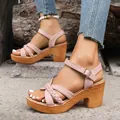 Women's pink braided strap platform sandals with block heels and ankle buckle closure. - 38 / Pink