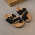 Retro Roman style girls' summer toe-ring slides in classic black and beige - Size 21 (Inner Length 13CM) / Black