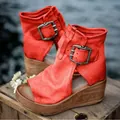 Red suede wedge peep-toe sandals with large decorative buckles and wooden sole - 35 / Red