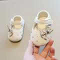 White soft-sole baby girl walking shoes with hollow dots and a brown plaid bow detail - Size 15 (Inner Length 11 cm) / Beige