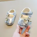 Silver baby girl Mary Jane shoes with bow detail and hollow-out design for summer. - Size 15 (Inner Length 11 cm) / Silver