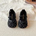 Elegant girls' black mesh Mary Jane shoes featuring white polka dots and a sweet bow - Size 21: 13.8cm / Black