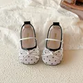 White polka dot mesh girl's Mary Jane princess shoes with bow detail and soft sole - Size 21: 13.8cm / Off White