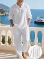 Ensemble 2 pièces pour homme avec chemise en lin blanche à manches longues et pantalon - S / Haut et Bas / Blanc