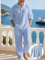 Ensemble décontracté en lin bleu clair avec chemise à manches longues et pantalon homme - S / Haut et Bas / Bleu clair