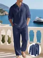 Ensemble chemise et pantalon en lin bleu marine pour homme, style décontracté de plage - S / Haut et Bas / Bleu marine