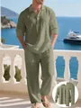 Men's casual sage green linen long-sleeved shirt and trousers two-piece beach set - Matcha Green
