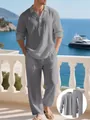 Casual men's two-piece gray linen set with long sleeve shirt and loose beach trousers - Gray