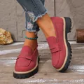 Detailed view of burgundy retro platform loafers featuring thick lug soles and suede finish - 36 / Red