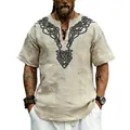 Men's beige cotton linen T-shirt with Celtic knot print and V-neckline - S / Top (Z8081) / Apricot