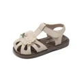Cream closed-toe children's sandals with decorative floral lace and hook-and-loop strap - Beige