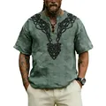 Sage green men's linen blend T-shirt featuring a Celtic knot print and casual V-neck - S / Top (Z8081) / Army Green