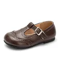 Classic dark brown girls' leather Mary Janes with brogue detail and buckle strap - Brown