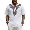 Men's white linen V-neck T-shirt with black Celtic knot print, loose casual style. - S / Tops / White