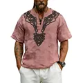 Men's pink V-neck t-shirt featuring a black Celtic knot print in slub linen fabric - S / Tops / Pink