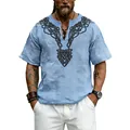 T-shirt da uomo blu in lino fiammato con stampa a nodo celtico e scollo a V casual. - Azzurro