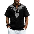 T-shirt da uomo in lino nero con stampa a nodo celtico bianco, vestibilità ampia con scollo V - Nero