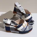 Retro newspaper print platform wedge sandals with buckle detail for women - 36 / Dark Blue