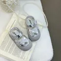 Elegant silver toddler girl sandals with 3D floral pearl accents on vintage book backdrop - 22 (Inner Length 14cm) / Silver