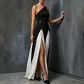 Elegant one-shoulder black and white color-block maxi dress featuring a sexy high slit - S / Dresses / Black and White