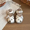 White girls' hollow-out princess sandals featuring lace bows and sparkly flower charms - 23 / Beige
