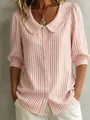 Close-up of women's pink striped blouse with Peter Pan collar and puff sleeves. - XS / Tops / Pink