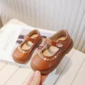 Toddler girl's brown leather Mary Jane shoes featuring embroidered flowers and soft soles - 21 / Brown