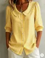 Casual yellow and white vertical striped shirt with puff sleeves and button front - XS / Tops / Yellow