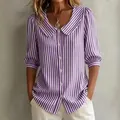 Elegant purple and white striped blouse with puff sleeves and Peter Pan collar for women - Purple