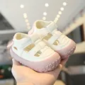 Breathable closed-toe baby sandals with soft anti-slip soles in white and pink color - Pink