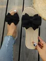 Casual women's flat slippers with a large black fabric bow and woven linen texture - 35 / Black