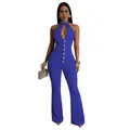 Sexy koningsblauwe rugvrije halter jumpsuit met gouden knopen en wijde pijpen dames - Blauw
