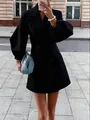 Vintage style black wool coat with lantern sleeves and large lapel detail view - S / Tops / Black