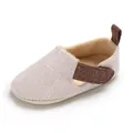Gedetailleerd zijaanzicht van beige canvas baby loopschoenen met bruine klittenband - Khaki