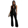 Elegante zwarte halter-jumpsuit met gouden knopen en een sexy nauwsluitend rugloos model. - Zwart