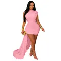 Sexy pink ruched mini dress with an asymmetrical long train for an evening party - Pink