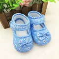 Detailed macro view of blue floral baby walking shoes with soft soles and bow accent - Floral Blue