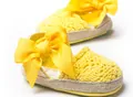 Yellow hollow-out knitted baby shoes with large bow and soft espadrille sole - Yellow