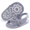 Close-up detail of blue denim baby sandals featuring a decorative bow and floral pattern sole - Gray