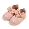 Detailed view of pink baby princess shoes with floral embroidery and bow accents - Pink