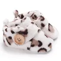 Close-up of plush baby booties with leopard print and wooden button detail - Leopard Print