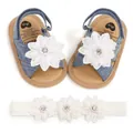 Ensemble de sandales à fleurs pour bébé avec bandeau assorti et semelles souples - 11cm/EUR17 / Ensemble Chaussures Et Bandeau / Bleu Denim